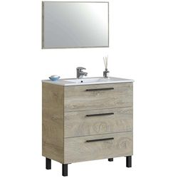 Habitdesign Meuble de Salle de Bain avec 3 Tiroirs et Miroir, Meuble sous Vasque, Modèle Athena, Finition Chêne Alaska, Dimensions: 80 cm (Largeur) x 86 cm (Hauteur) x 45 cm (Profondeur) Sans Lavabo
