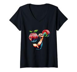 Mujer Mancuernas de fuerza central de manzana roja para entrenamiento de gimnasio Camiseta Cuello V