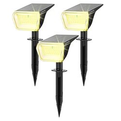 Linkind Faretti solari a 60 LED per esterni, luce bianca calda, 800 lm, durata extra lunga e scarica intelligente, 3000 K, luce solare da giardino con indicatore di carica, IP67, 3 pezzi