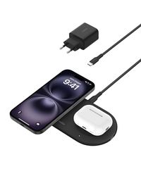 Belkin BoostCharge Pro Station de Charge 2-en-1 avec MagSafe (Chargeur sans Fil avec Charge Rapide 15 W, pour Tous Les modèles de l'iPhone 16, 15, 14, 13, 12, Les AirPods, et Tout Appareil MagSafe)