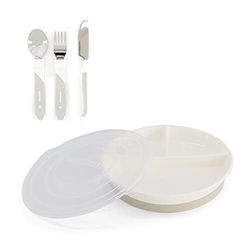 Twistshake Barnservis Set | 3-delad tallrik + Bebisbestick i Rostfritt Stål 12+m | BPA-fri Barntallrik och barnskål | Matträningskit för barn | Babytallrikar | Bebisprodukter | Vit