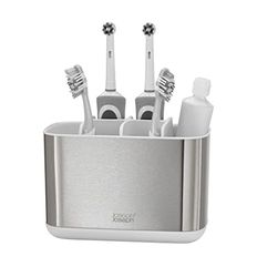 Joseph Joseph EasyStore- Porta Spazzolino, Dentifricio e Filo Interdentale, Compatibile con Spazzolini Elettrici e Tradizionali, 6 Scomparti, Contenitore da Bagno Smontabile- Grande, Acciaio Inox