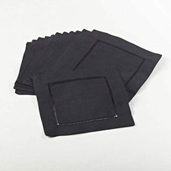 SARO LIFESTYLE Hemstitched Cocktail Napkin (Set of 12), 55% linen, 45% Cotton, Black, 6 "