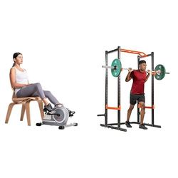 Sunny Health & Fitness Magnetic Under Desk Mini Exercise Cycle Bike, Dual Function Pedal Exerciser + Power Zone Strength Rack Power Cage - 455 KG Weight Capacity – SF-XF9925