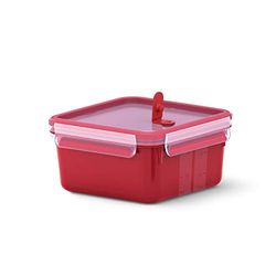 Emsa Clip & Micro N10604 Microwave Valve 1.3 L Square Lunch Box Integrated Measurements Made in Germany Red/Transparent