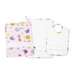 FILET - Ensemble Trois Pièces Jardin d'Enfants avec Toile Aida à Broder, Composé de un Sac, Serviette et Bavoir en Tissu Éponge Blanc, 100% Coton, Made in Italy, Fantaisie Lettres et Animaux Fond Rose