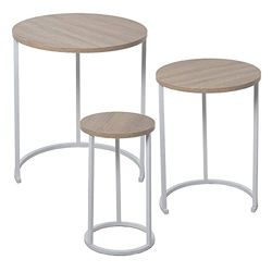 Set de 3 mesas auxiliares Redondas de Madera y Metal en Blanco y Natural 48x58cm, 38x52,5 y 28x48cm