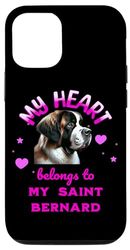 Carcasa para iPhone 15 Diseño de texto My Heart Belongs to My Saint Bernard Dog
