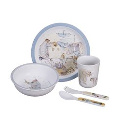 Petit Jour – 5-Piece Gift Set for Children 6 Months + – Melamine – BPA-Free – Plate 18 cm, Cup 160 ml, Bowl 250 ml, Set of 2 Cutlery 14 cm – Dishwasher Safe – Ernest et Celestine Blue