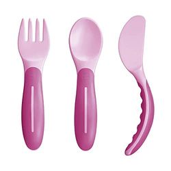 MAM Baby's Cutlery ZEDMM331F - Juego de cubiertos con tenedor, cuchara y cuchillo, 6 meses y más, color rosa, Instrucciones en Lengua Extranjera