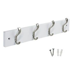 Keypak Minimalistic Wall-Mounted Coat Rack – 4 Hooks on Stylish Modern Wooden Base for Wall & Door – 38cm – All Fixings Included (Satin Nickel/White)