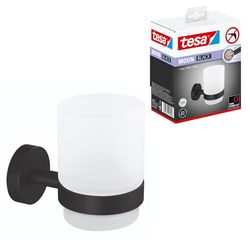 tesa® MOON BLACK Gobelet Porte Brosse à dents en verre satiné avec support, Noir mat - Salles de Bains Modernes et de Style Industriel - Sans Perçage - 96 mm x 70 mm x 109 mm