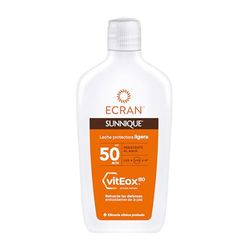 Ecran Sunnique - Leche Protectora Solar FPS 50, Protección UVB + UVA e IR-A, Refuerza las Defensas, Protege la Piel, Hidratación 24 h, Fórmula con VitEox 80, para Toda la Familia - 370 ml