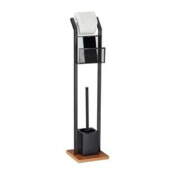 Relaxdays Ensemble WC AV. étagère, Brosse WC et dérouleur Papier, Support pour Portable, Aspect Bois, H 78 cm, Noir