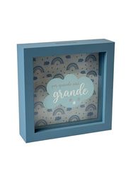 Spaarpot voor kinderen in wolkenstijl, 16 x 16 cm, blauwe lijst met regenboogmotief