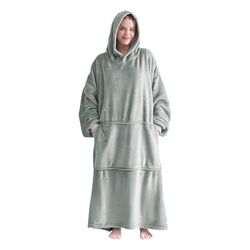 Good Nite Draagbare deken, oversized hoodiedeken voor dames en heren, sherpa-knuffeldekens voor volwassenen, pluizige warme capuchon met zakken, grijs, Lichtgrijs, Flannel-90x130 cm