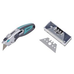 Wolfcraft 4106000 1 « Profi » cutter pour lames trapèzes + incluses 3 lames trapèzes & 4185000 Lames trapèze en boîte 0,50 mm Argent