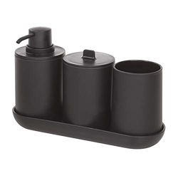 iDesign 28737 Bathroom Accessories Set, 4-Piece Sink Tidy with Soap Dispenser, Toothbrush Holder, Cotton Pad Dispenser and Tray, Made of Plastic, Black, 24.5 cm x 8.9 cm x 16.2 cm