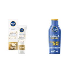 PACK NIVEA SUN Fluido Facial Solar Luminous 630 FP50+ (1 x 40 ml) protector solar antimanchas con ácido hialurónico + NIVEA SUN Protege & Hidrata Leche Solar FP50+ (1 x 400 ml), protector solar