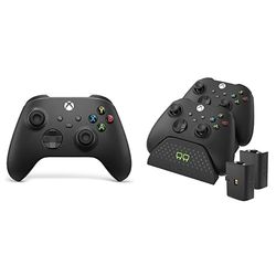 Xbox Wireless Controller – Carbon Black+Venom Twin Charging Dock with 2 x Rechargeable Battery Packs - Black Series X & S One