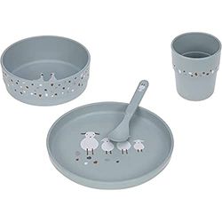 LÄSSIG Set de vaisselle pour enfants (assiette, gobelet, bol, cuillère) sans mélamine, sans BPA, pour lave-vaisselle et micro-ondes/Dish Set Tiny Farmer Sheep