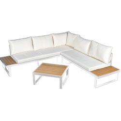DRW Set Sofa de Esquina con Mesa de Aluminio y PS en Blanco y Natural 227x69x63cm