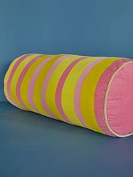 RICE - Velvet Bolster Pillow Medium - Pink and Yellow Stripes