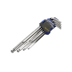 Set di 9 chiavi a brugola a sfera lunga senza plastica, misure 1,5-10 mm, ideale per la regolazione e la manutenzione di macchinari e biciclette.