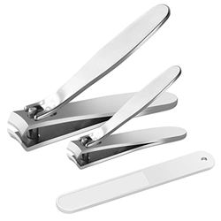 TerresaCOS Nail Clippers Set for Men, 3 in 1 Heavy Duty Toenail Cutter with File, Stainless Steel, Curved Blades Fingernail Trimmers for Seniors, Personal Pedicure Kit, Silver, TSOS-NC001