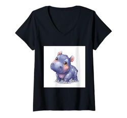 Mujer Lindo hipopótamo de Dibujos Animados hipopótamo Chibi Lindo Camiseta Cuello V
