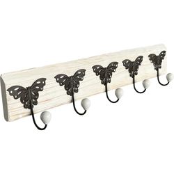 DRW Wandkapstok van hout met 5 haken van metaal en keramiek, wit en zwart, 76 x 8 x 15 cm