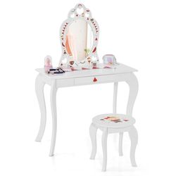 COSTWAY Coiffeuse pour Enfant avec Tabouret, Miroir et tiroir Amovibles, en Bois, pour Filles à partir de 3 Ans, 72 x 36 x 106 cm