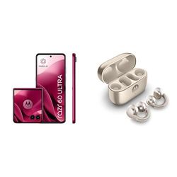 Motorola razr 60 ultra, Pantone Cabaret, Moto AI Flip Smartphone, Dual Display, 50MP Triple Camera with Co2 Offset and Moto buds loop w/crystals by Swarovski
