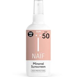 Naïf Spray de protección solar de base mineral- Para toda la familia - SPF 50 - Resistente al agua - Sin microplásticos, aceites minerales- Testado dermatológicamente - 100ml