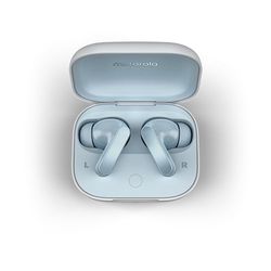 Motorola Moto Buds Écouteurs Bluetooth 5.3, son haute résolution, Dolby Atmos, réduction active du bruit, charge sans fil, jusqu'à 42 heures d'autonomie, système de microphone à 3 volets, bleu glacier