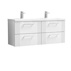 nuie Modern Bathroom Wall Hung 4 Drawer Part Fluted Vanity Unit with Twin Ceramic Basin, Satin White, 1200mm