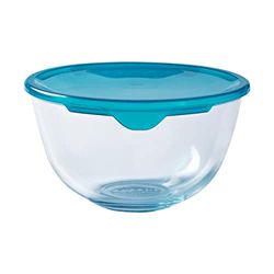 Pyrex Classic Ciotola di vetro ad alta resistenza con coperchio, Trasparente/Blu, 1 L