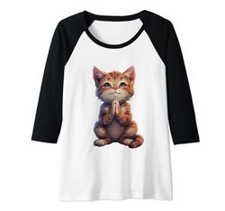 Mujer Meditar Gatito Santo Gato Mediador Fe Dios Religión Camiseta Manga Raglan