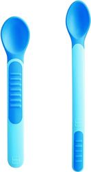MAM Heat Sensitive Spoons & Cover, Weaning, Colour Changing with Heat Resistant Cutlery Case, Blue
