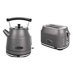 Rangemaster Classic Grey Cordless Electric Kettle (1.7L, 3kW) & 2 Slice Toaster (1kW) With Defrost, Cancel & Reheat Functions