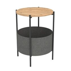 Mesa auxiliar, Mesa de sofá, Mesa de Centro móvil, Mesita de Noche. Estilo industrial. Estructura metálica negra, tapa de melamina color roble Safir y Bolsa de almacenaje textil gris. (Alto 60 cm/Diám