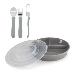 Twistshake Barnservis Set | 3-delad tallrik + Bebisbestick i Rostfritt Stål 12+m | BPA-fri Barntallrik och barnskål | Matträningskit för barn | Babytallrikar | Bebisprodukter | Grå