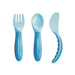 MAM Baby's Cutlery ZEDMM331M, Zestaw sztućców z widelcem, łyżką i nożem, 6+ miesięcy, niebieski