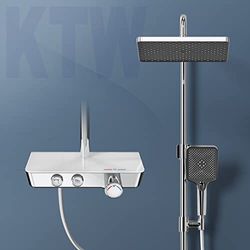 EMKE Kit de douche avec thermostat, système de douche à effet pluie, douchette à 3 jets, kit colonne de douche avec plateau en verre, certifié KTW, chrome