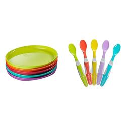 Vital Baby Nourish Perfectly Simple Plates - Toddler Feeding Plates - Bright Colours - Ideal for Toddlers, 5pk with Nourish Start Weaning Spoons - Soft, Flexible & Shallow Spoon Tips, 4 Months+ - 5pk