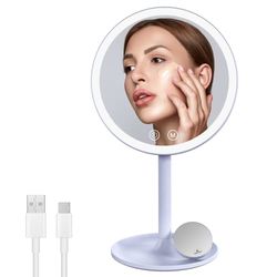 EMKE Miroir de Maquillage avec éclairage, Miroir cosmétique LED avec 3 Couleurs de lumière, Miroir de Maquillage Pratique avec grossissement 1/3x, luminosité Variable et Interrupteur Tactile (Bleu