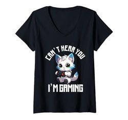 Mujer Can't Hear You I'm Gaming Controlador de videojuegos de gato Camiseta Cuello V