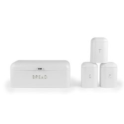Salter Boston - Juego de 4 piezas para encimera, panera, té, azúcar, café, acabado brillante blanco hielo con letras en relieve, recipientes de almacenamiento, tarros de almacenamiento de acero