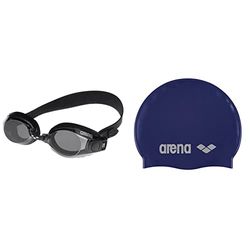 arena Lunettes de Natation Zoom Neoprene, Lunettes de Natation Unisexe pour Adultes avec Larges Verres, Protection UV, Pont de Nez Ajustable & Classic Silicone Bonnet de piscine Mixte Adulte, Bleu, NS
