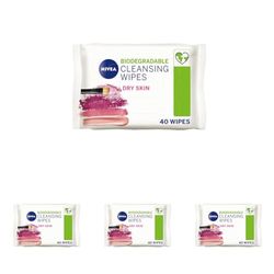 NIVEA Biodegradable Cleansing Wipes Dry Skin (40 sheets), Biodegradable Wipes made from 100% Plant Fibres, Make-Up Wipes, Face Wipes Makeup Remover (Pack of 4)